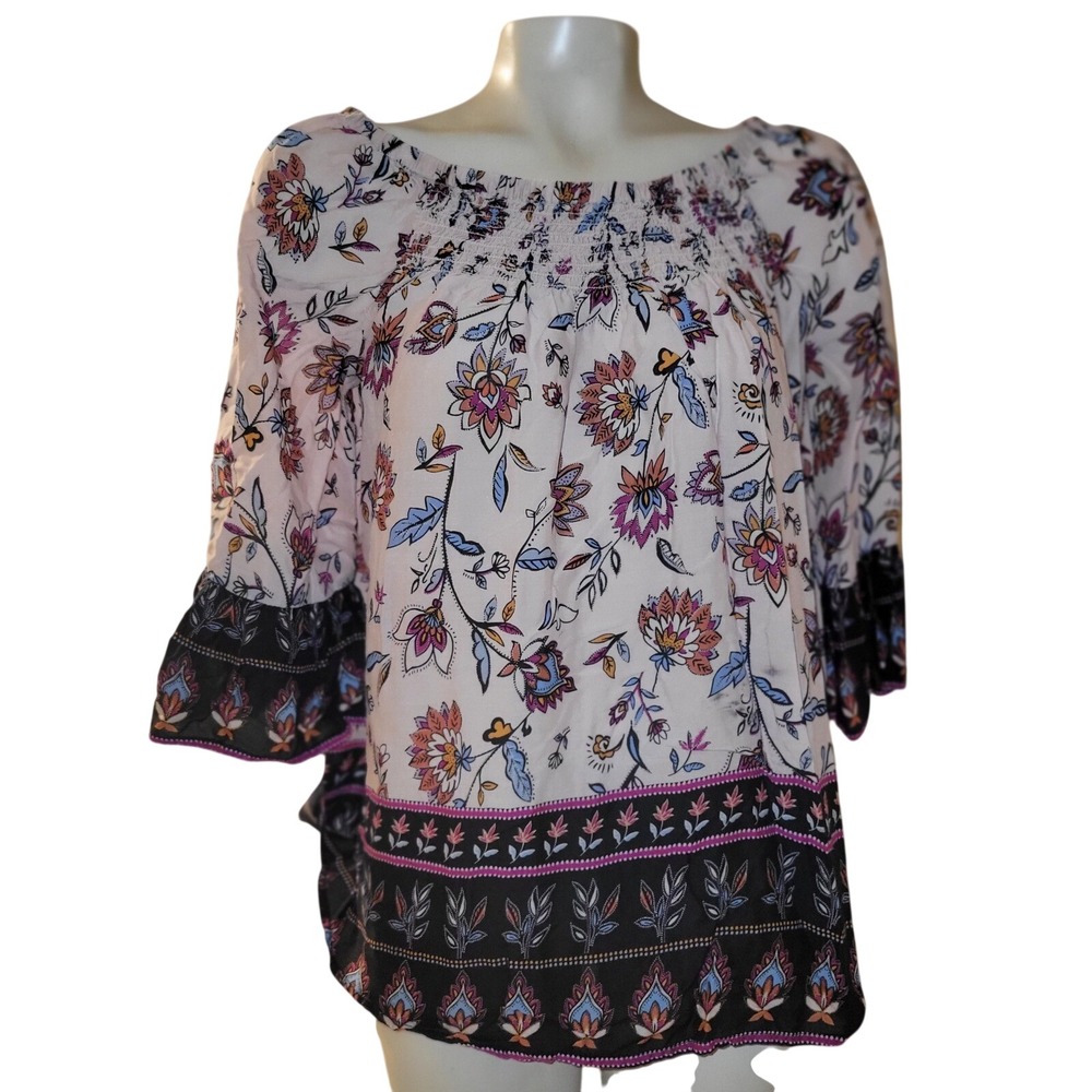 Beach Lunch Lounge Floral Smocked‎ Off Shoulder Bell Sleeve Blouse M beach sexy